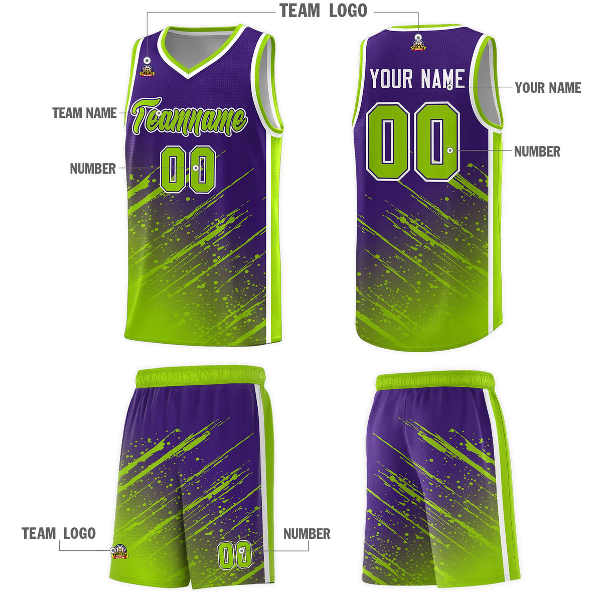 Custom Purple Basketball Kits With Neon Green Paint Graffiti