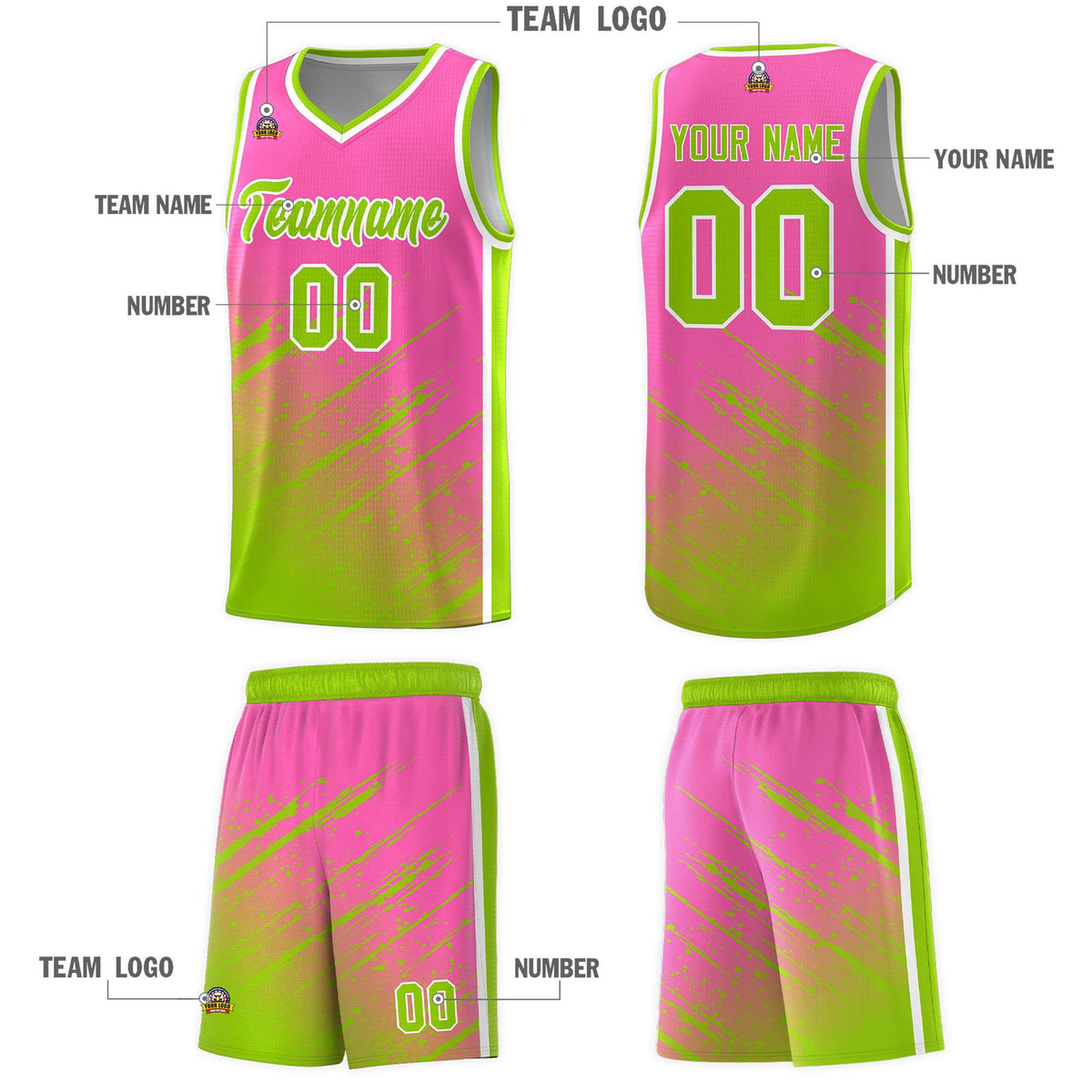 Custom Pink Basketball Kits With Neon Green Paint Graffiti