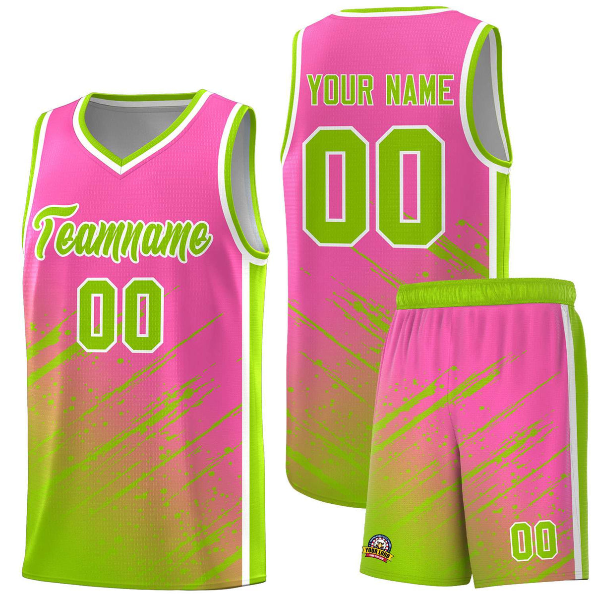 Custom Pink Basketball Kits With Neon Green Paint Graffiti