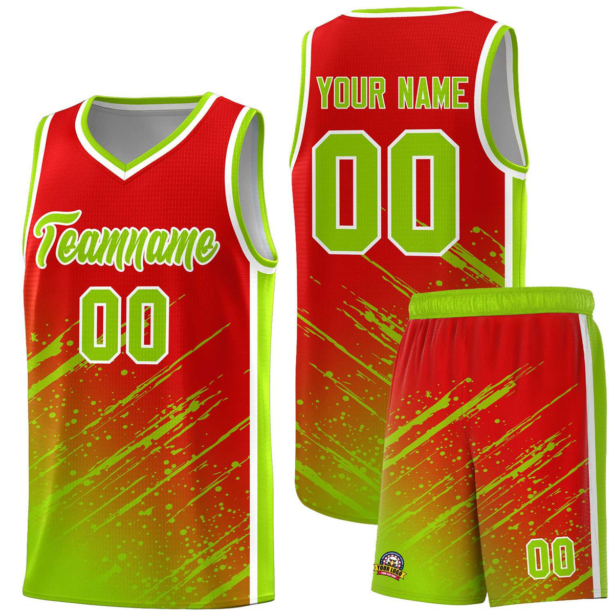 Custom Red Basketball Kits With Neon Green Paint Graffiti