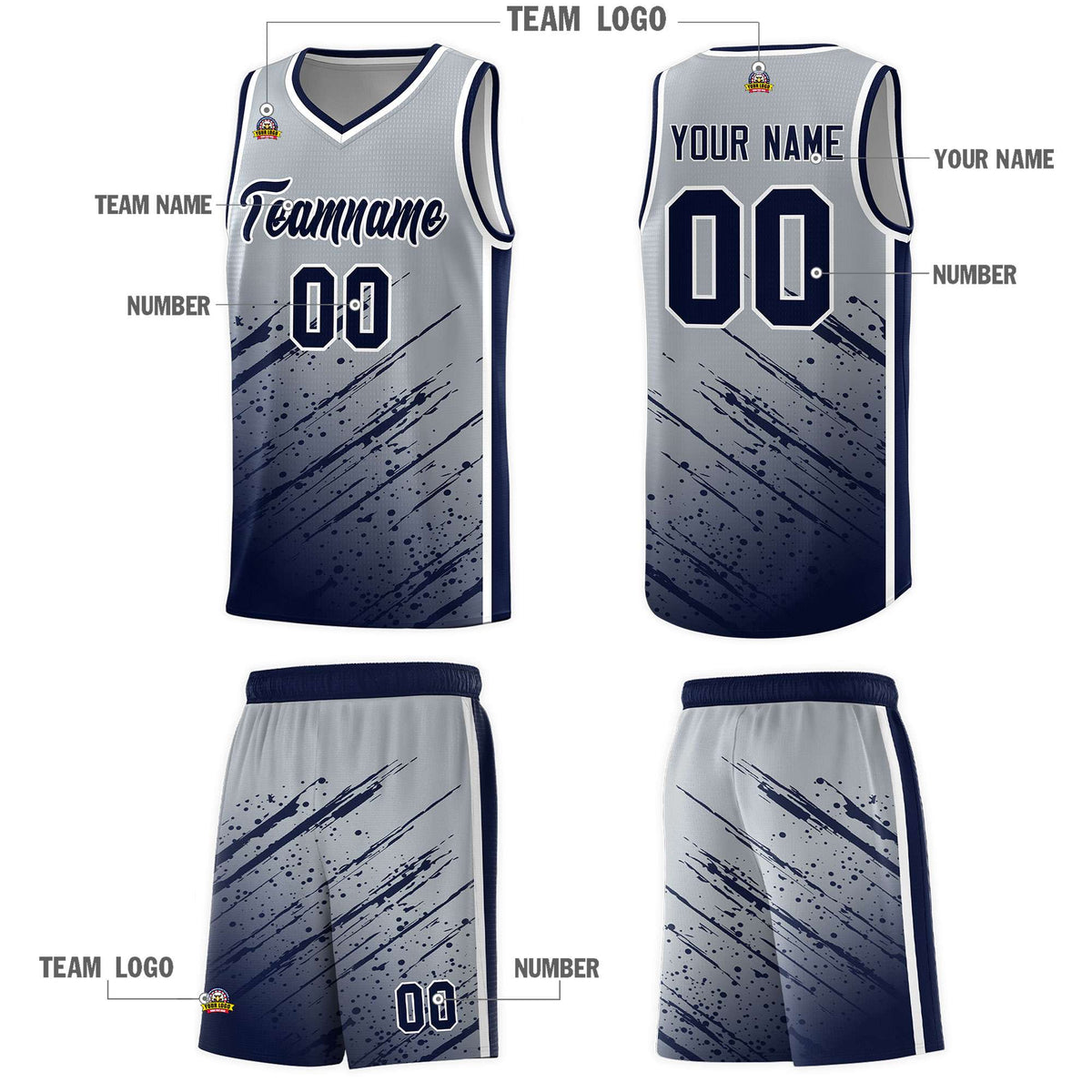 Custom Gray Basketball Kits With Navy Paint Graffiti