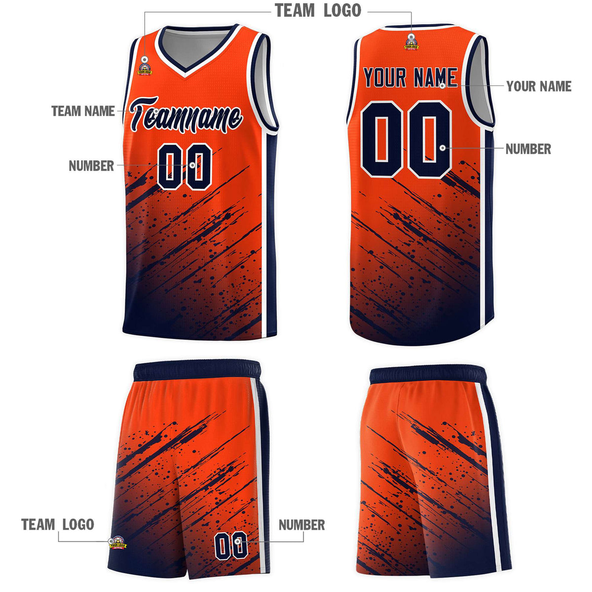 Custom Orange Basketball Kits With Navy Paint Graffiti