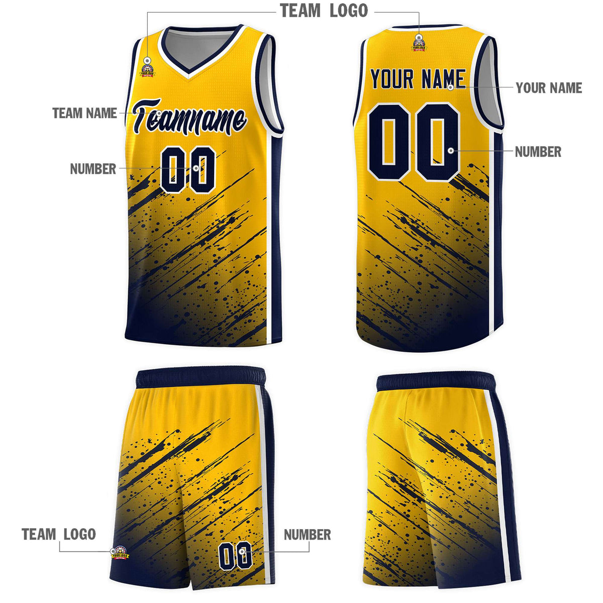 Custom Yellow Basketball Kits With Navy Paint Graffiti