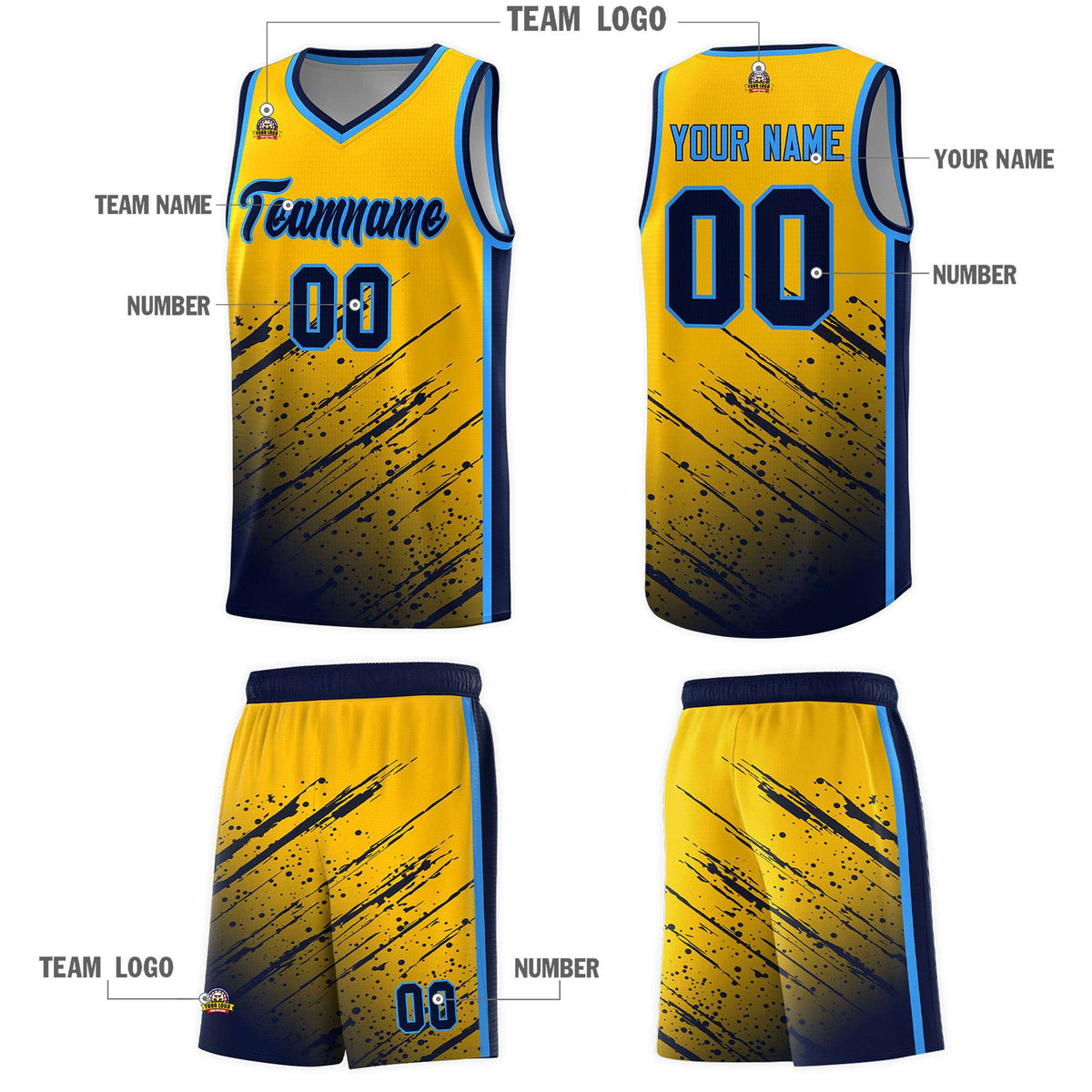 Custom Yellow Basketball Kits With Navy Paint Graffiti