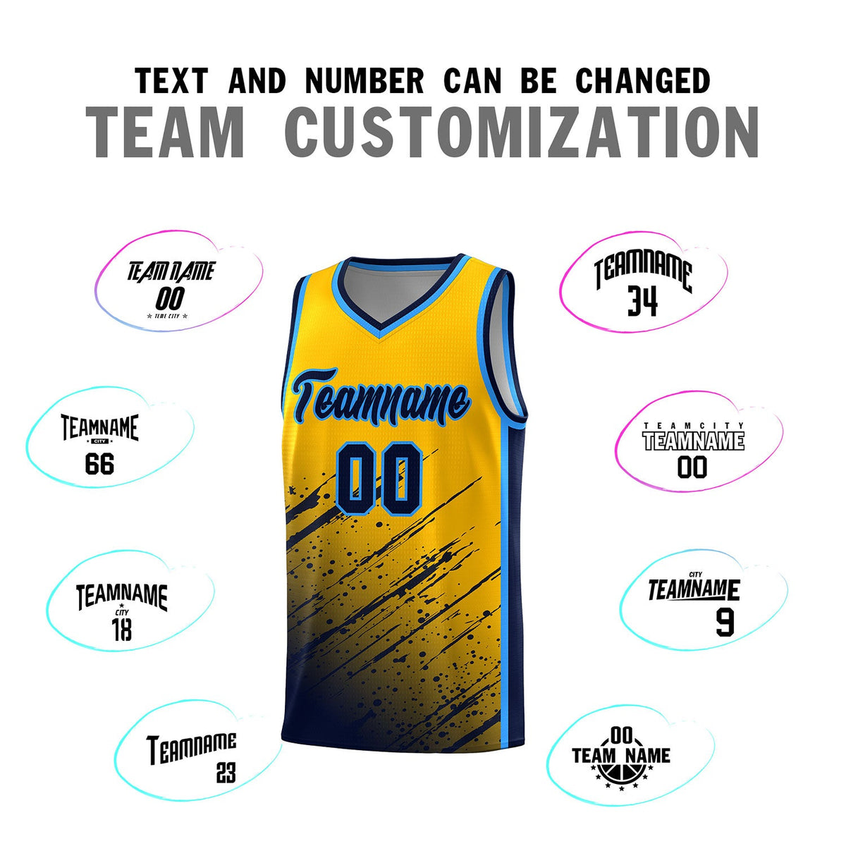 Custom Yellow Basketball Kits With Navy Paint Graffiti