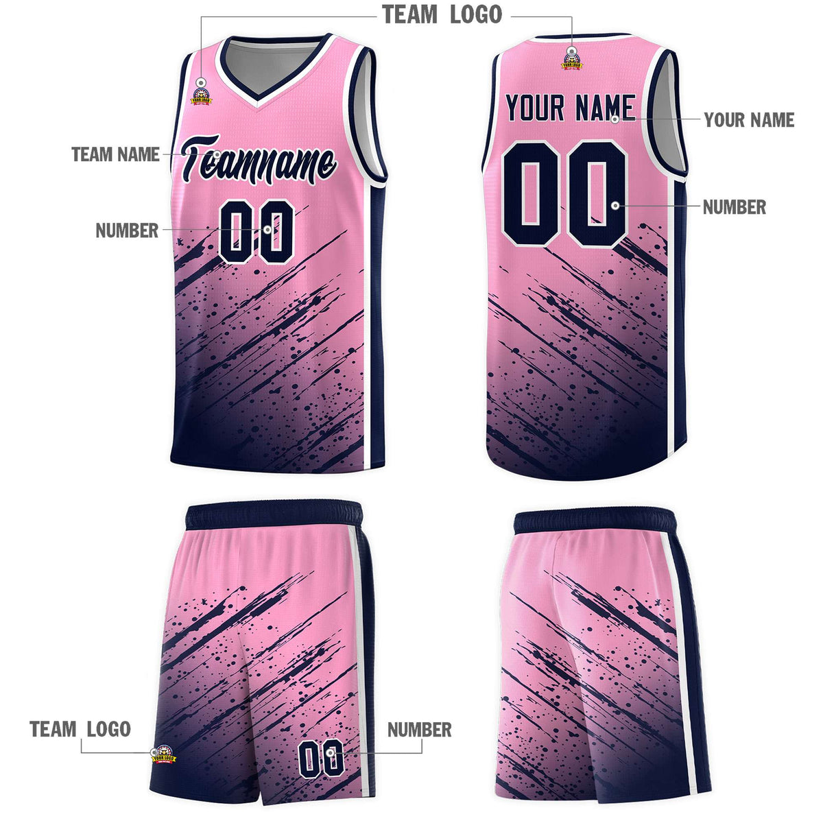 Custom Light Pink Basketball Kits With Navy Paint Graffiti