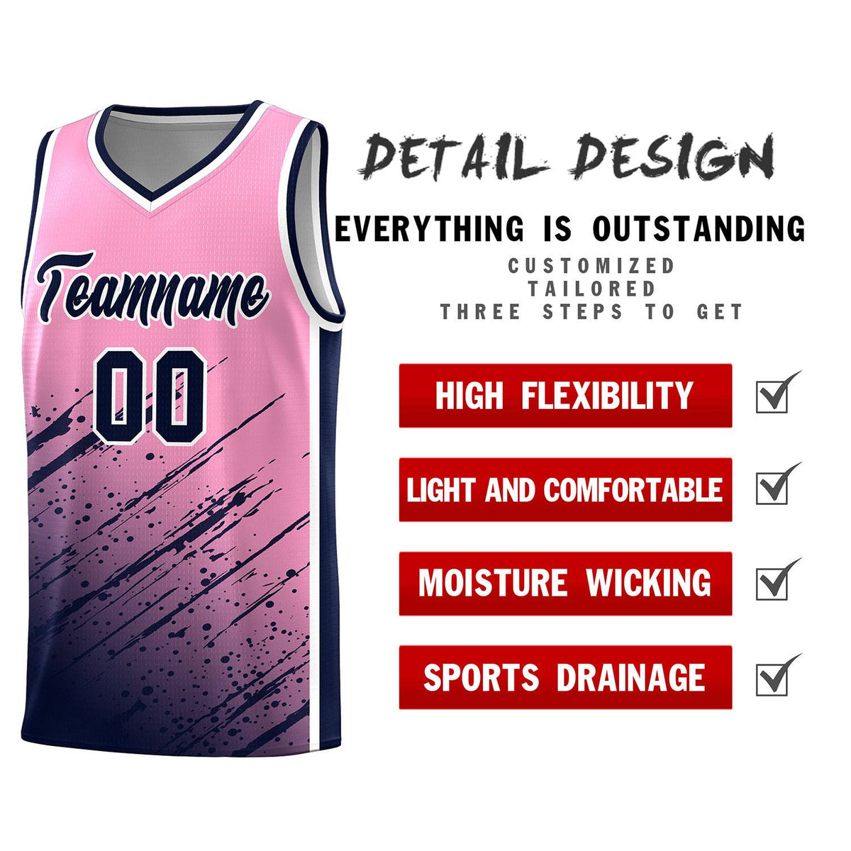 Custom Light Pink Basketball Kits With Navy Paint Graffiti