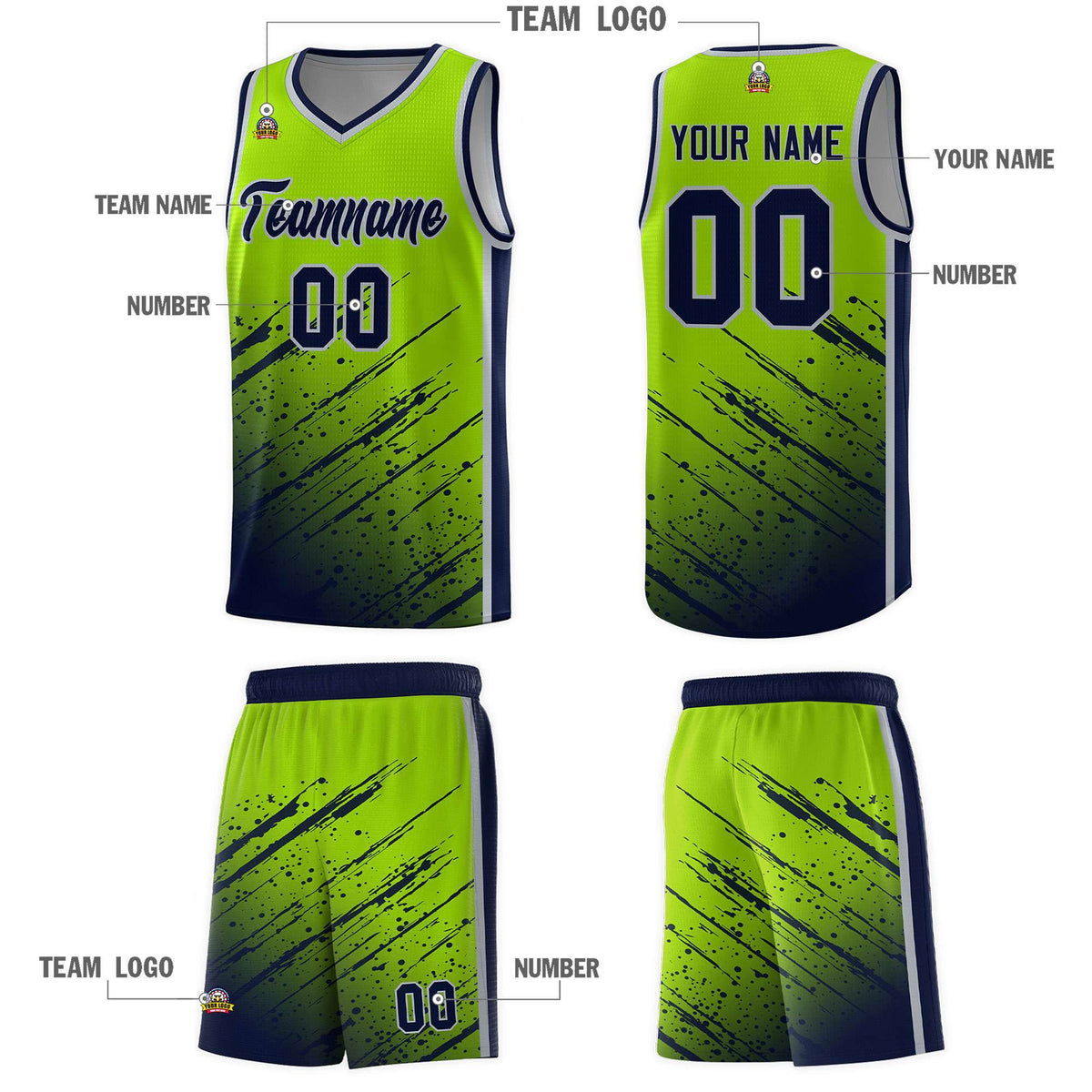 Custom Neon Green Basketball Kits With Navy Paint Graffiti
