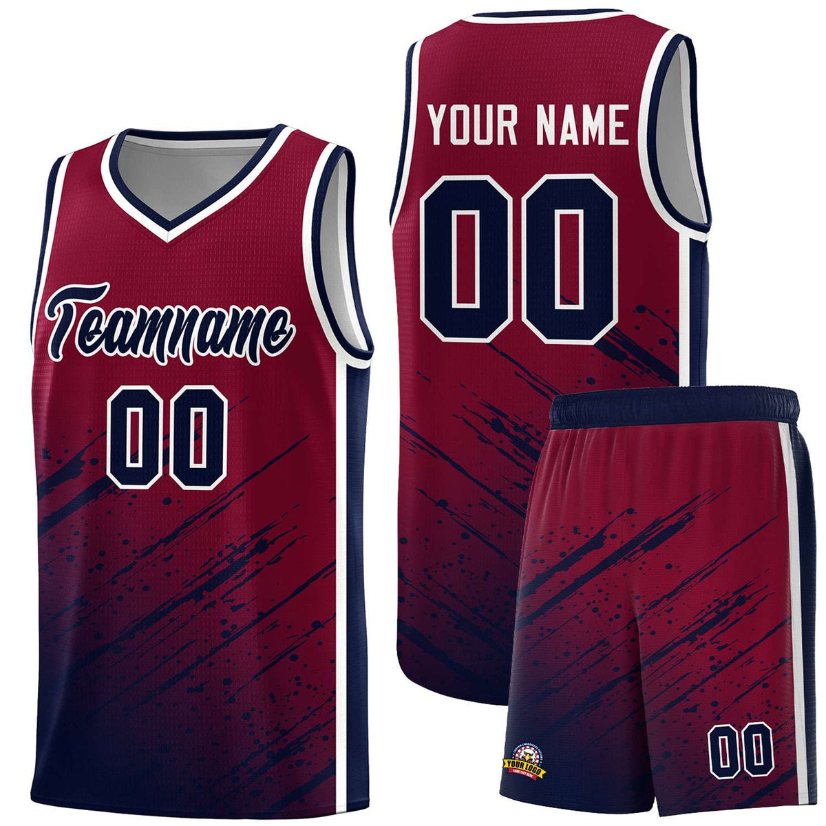 Custom Crimson Basketball Kits With Navy Paint Graffiti