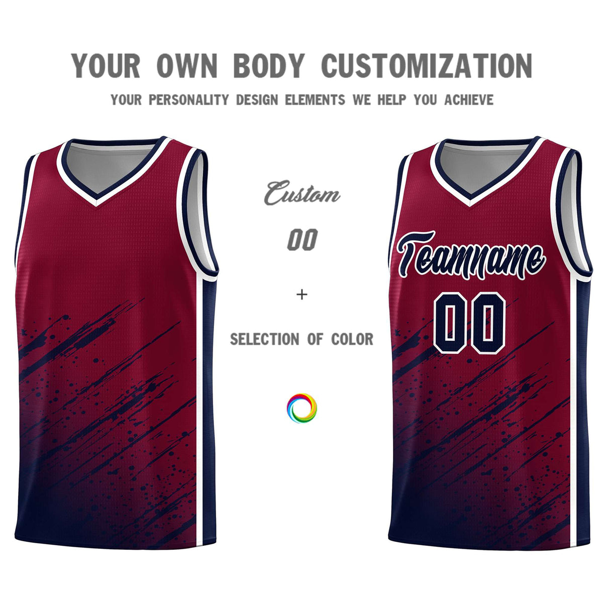 Custom Crimson Basketball Kits With Navy Paint Graffiti