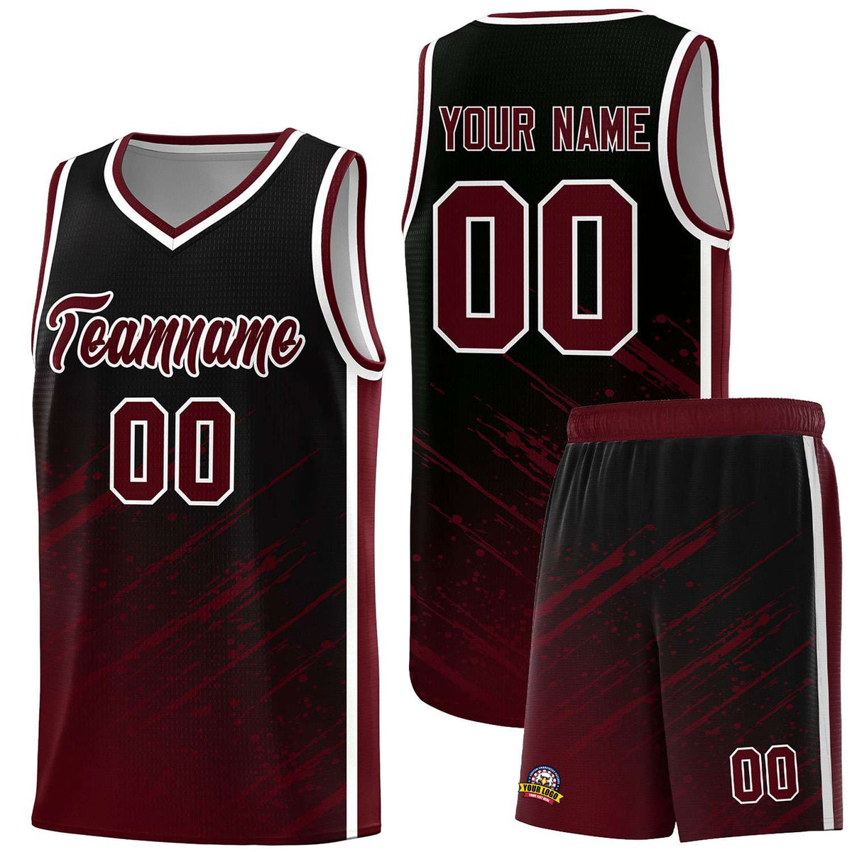 Custom Black Basketball Kits With Crimson Paint Graffiti