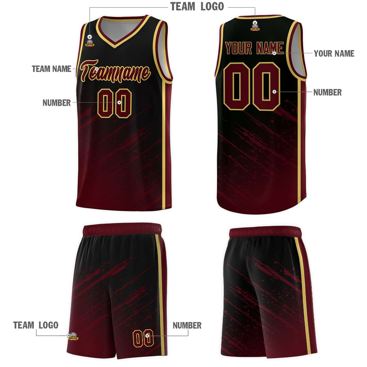 Custom Black Basketball Kits With Crimson Paint Graffiti