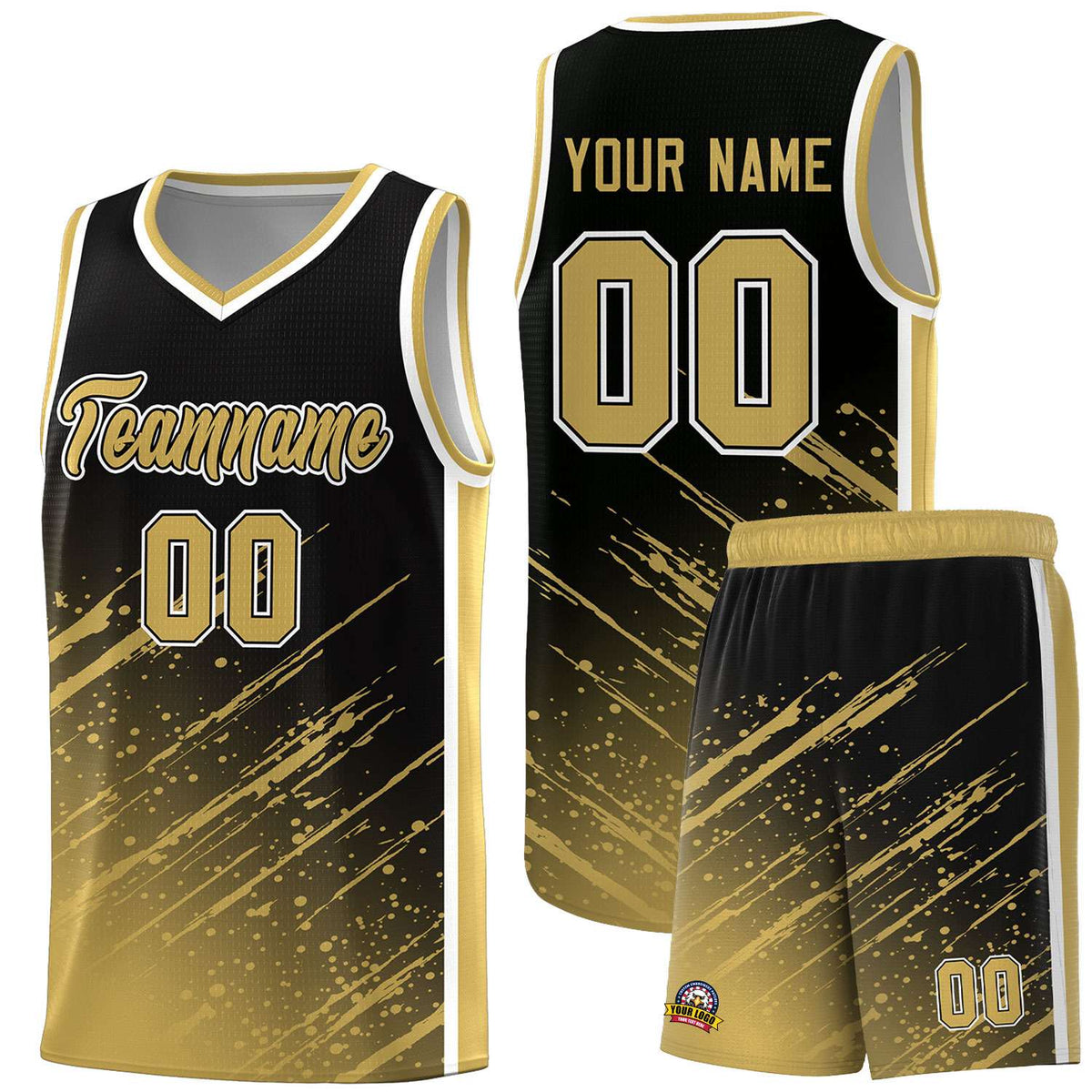 Custom Black Basketball Kits With Old Gold Paint Graffiti