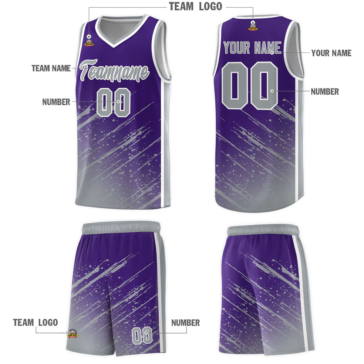 Custom Purple Basketball Kits With Gray Paint Graffiti