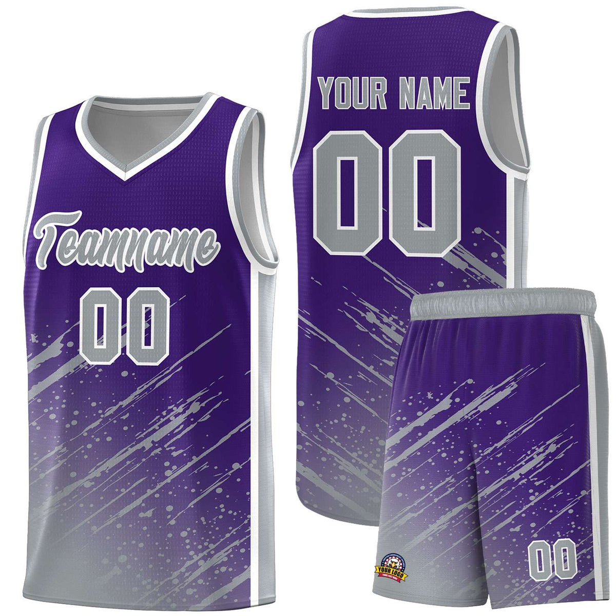 Custom Purple Basketball Kits With Gray Paint Graffiti