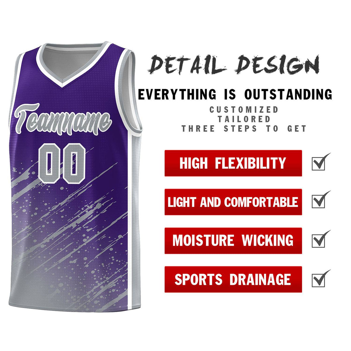 Custom Purple Basketball Kits With Gray Paint Graffiti