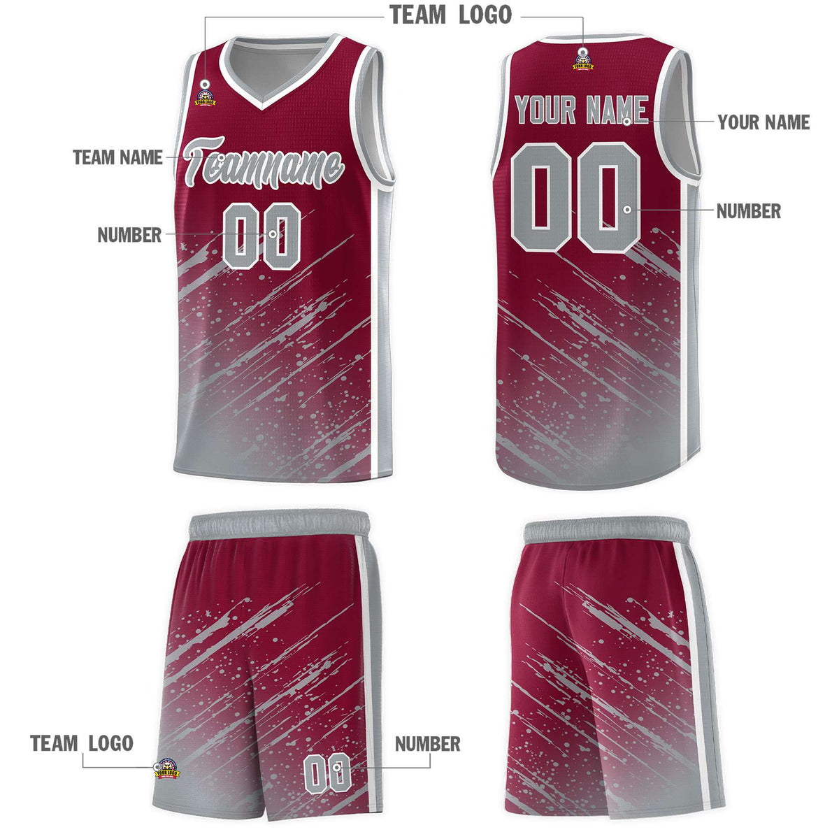 Custom Crimson Basketball Kits With Gray Paint Graffiti