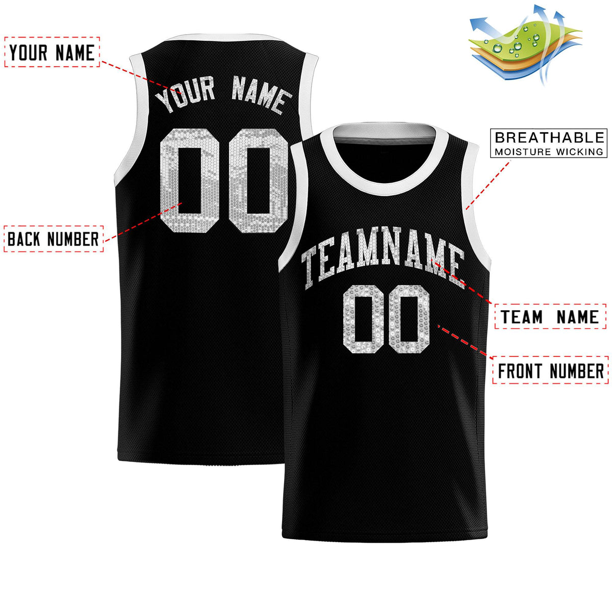 Custom Black Sequined Tops Athletic Basketball Jersey|KXKSHOP