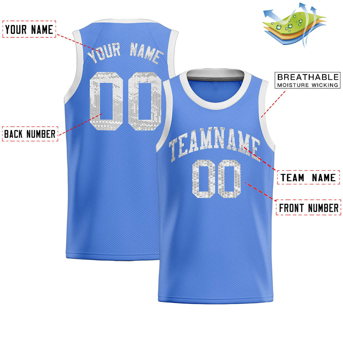 Custom Light Blue Sequined Tops Athletic Basketball Jersey|KXKSHOP