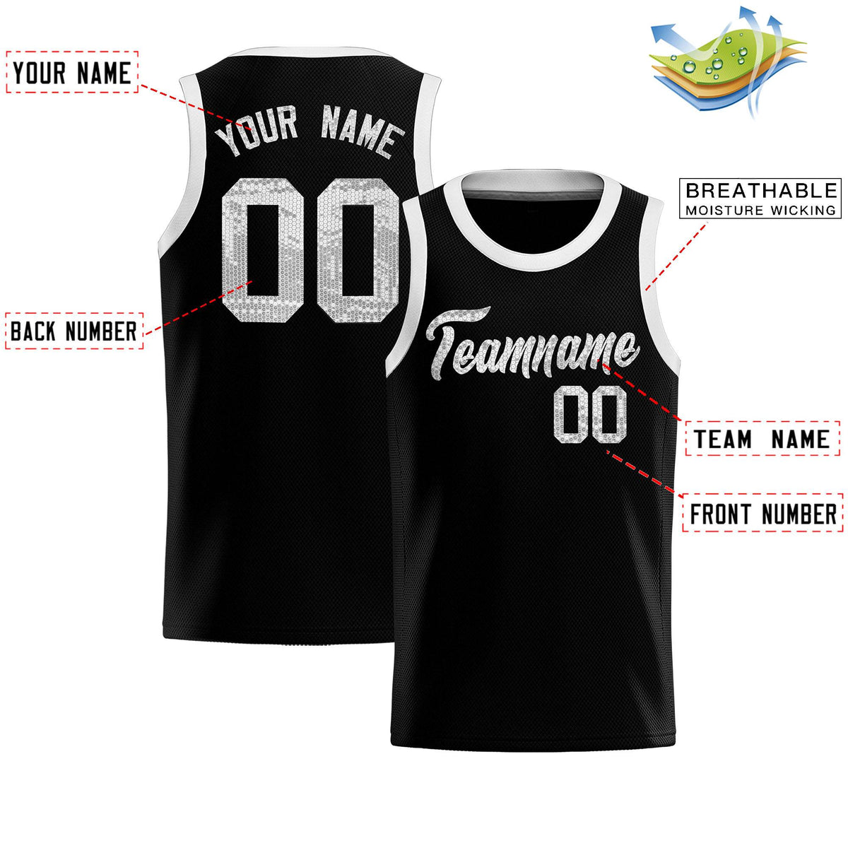 Custom Black Sequined Tops Athletic Basketball Jersey|KXKSHOP
