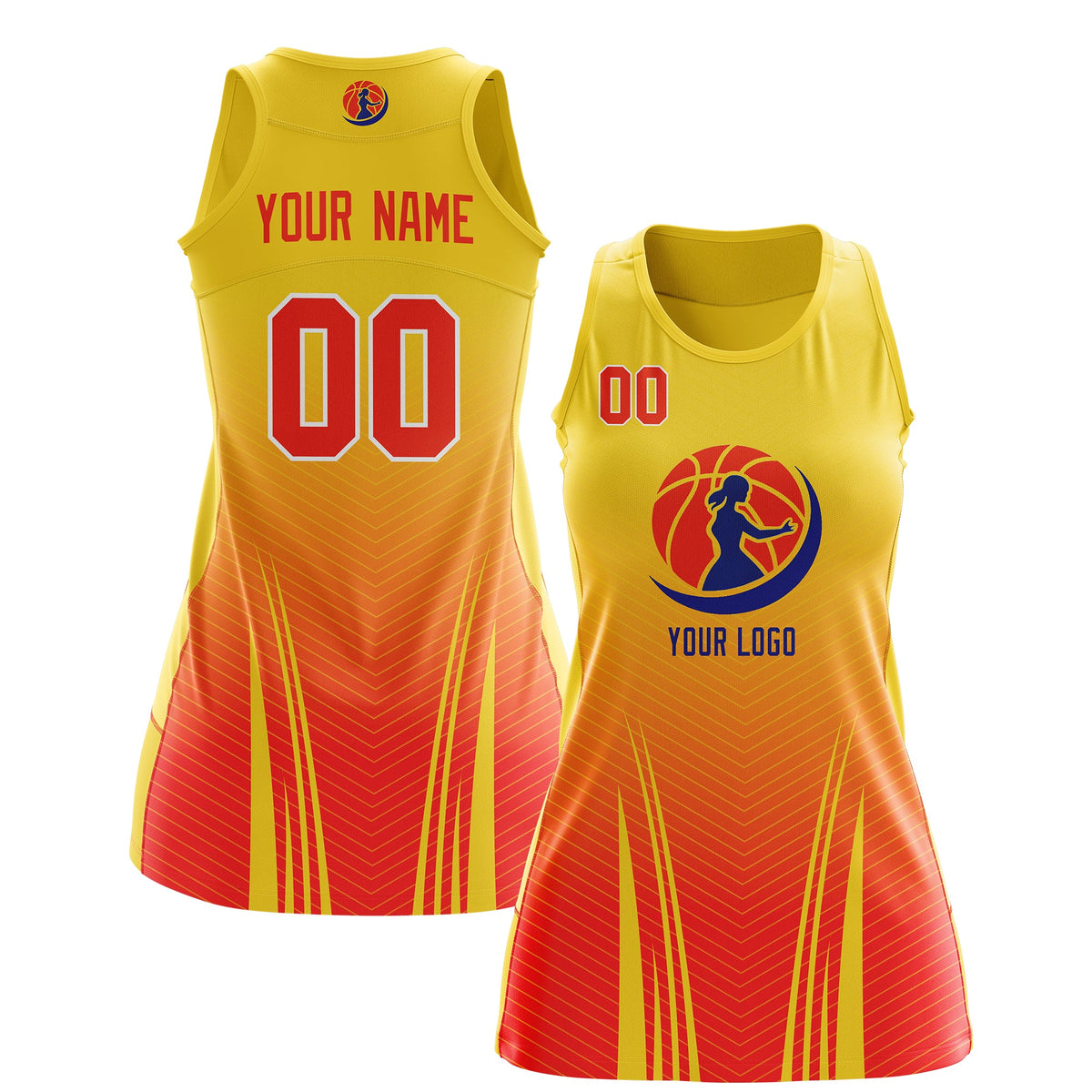 Custom Women Netball Dress | Gold Orange V-Shaped Pinstripes Gradient Uniform with Logo