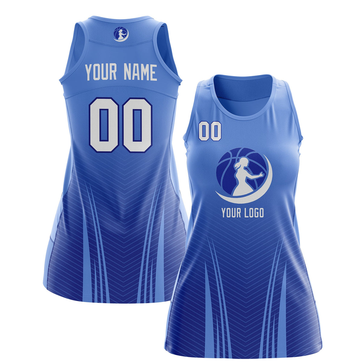 Custom Netball Dress | Light Blue Royal Blue for Women with V-Shaped Pinstripes Personalized Uniform