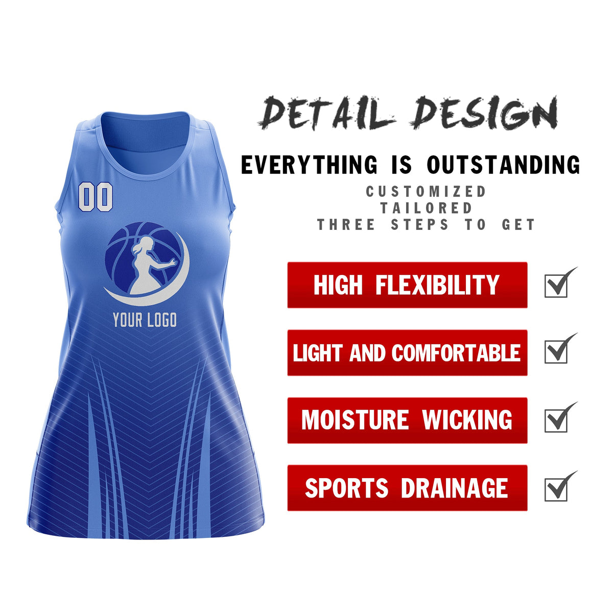 Custom Netball Dress | Light Blue Royal Blue for Women with V-Shaped Pinstripes Personalized Uniform