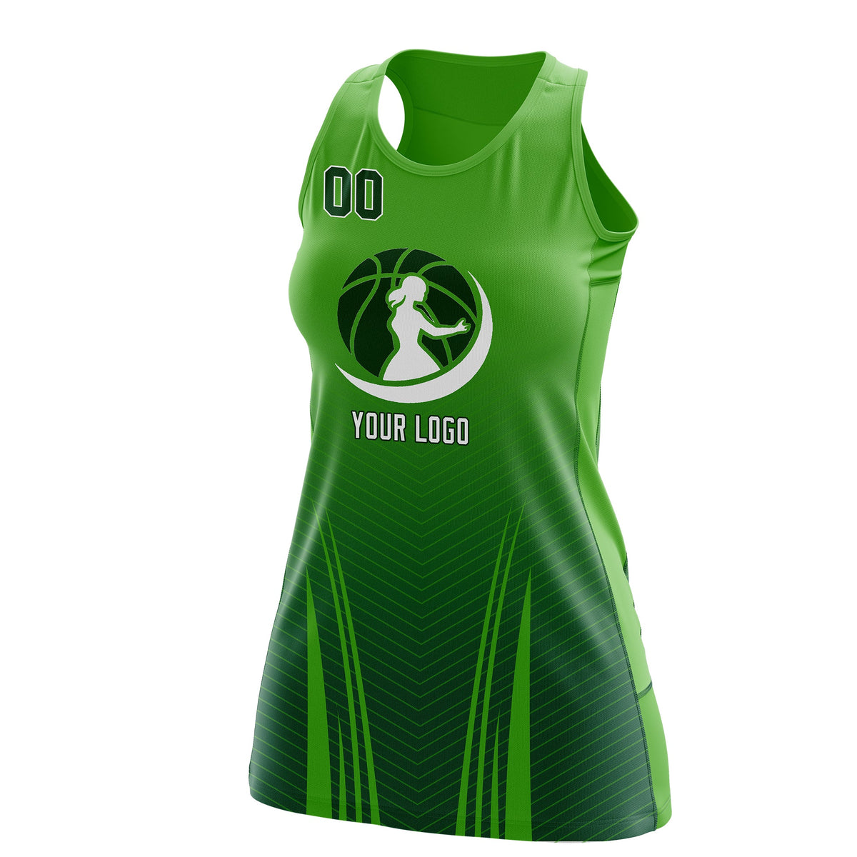 Custom Women Netball Dress | Light Green Green V-Shaped Pinstripes Gradient Team Uniform