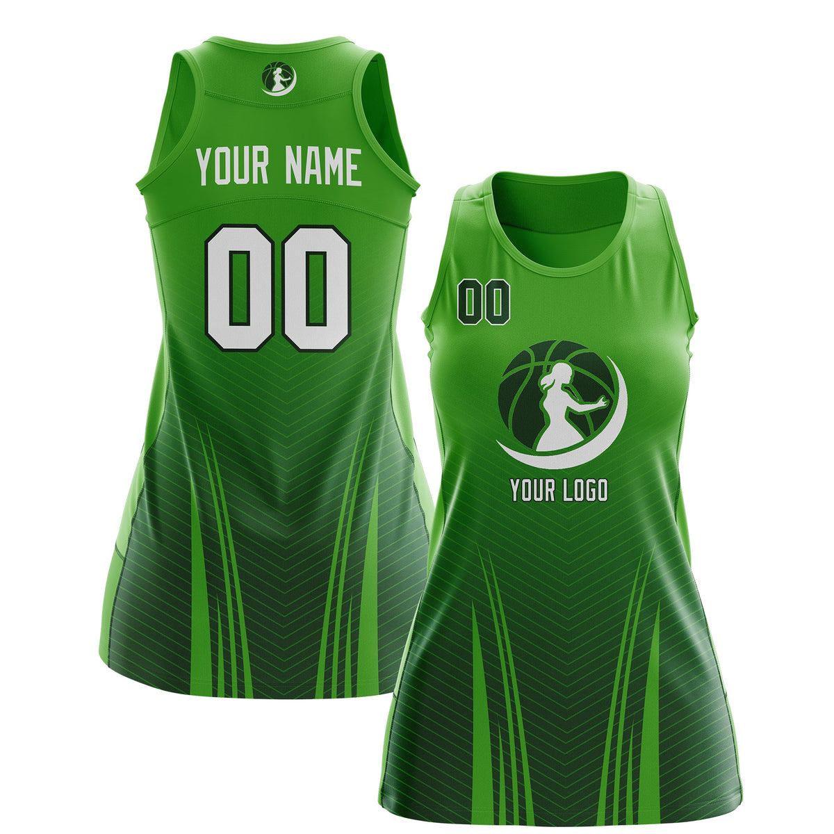 Custom Women Netball Dress | Light Green Green V-Shaped Pinstripes Gradient Team Uniform