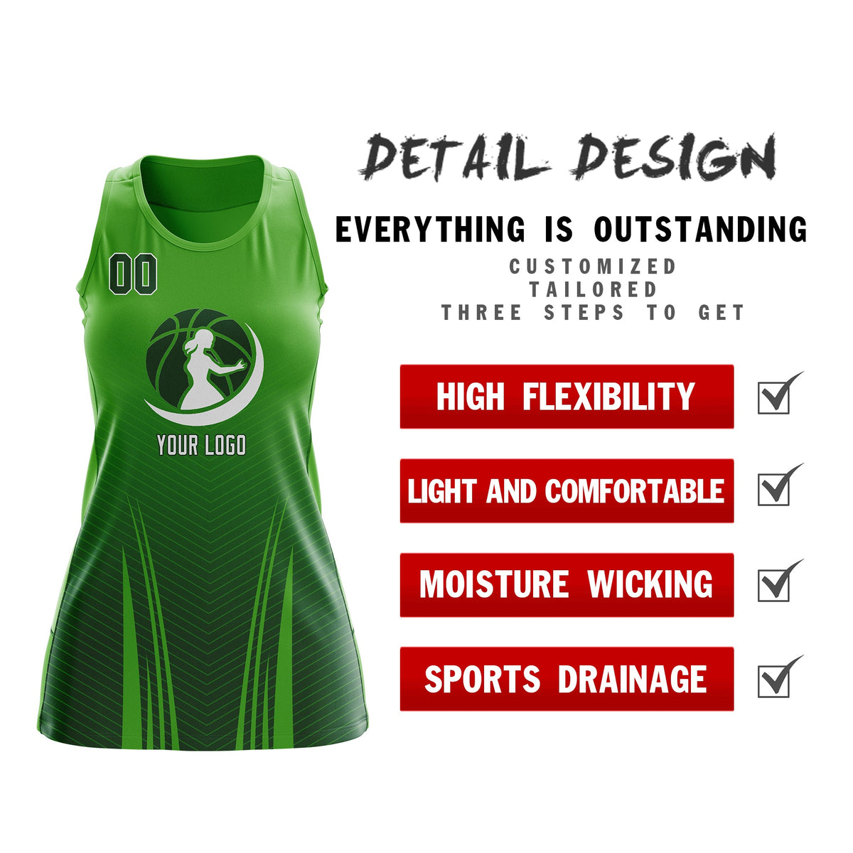 Custom Women Netball Dress | Light Green Green V-Shaped Pinstripes Gradient Team Uniform