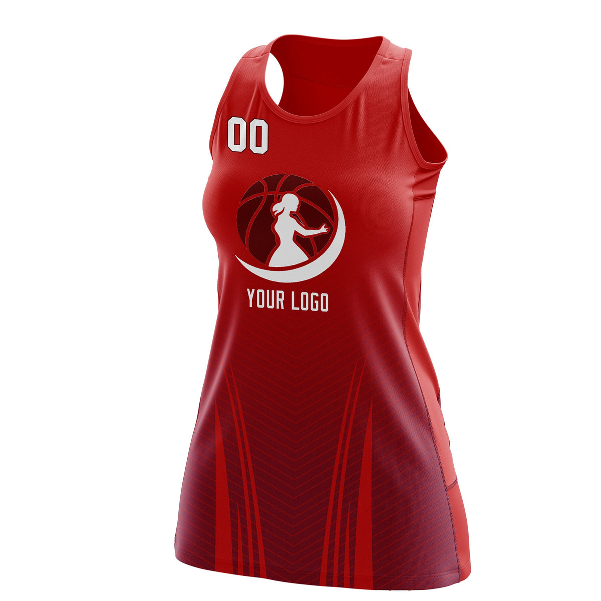 Custom Women Netball Dress | Red Crimson V-Shaped Pinstripes Gradient Uniform with Logo