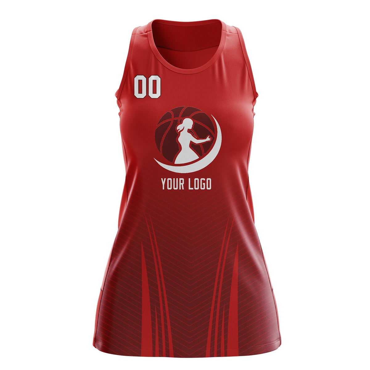 Custom Women Netball Dress | Red Crimson V-Shaped Pinstripes Gradient Uniform with Logo