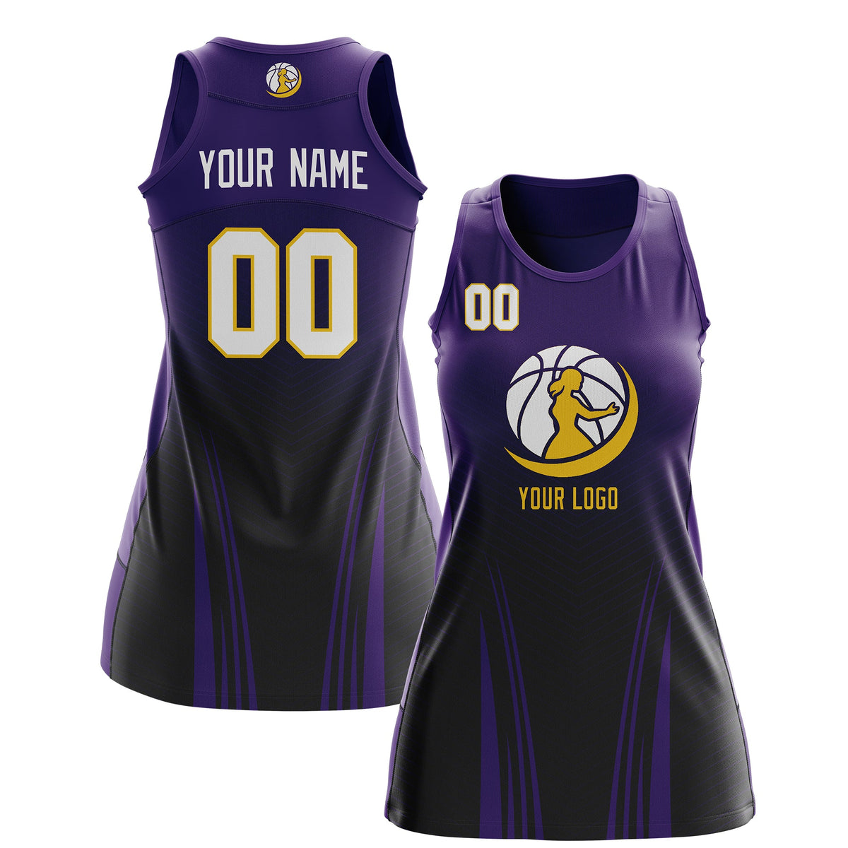 Custom Netball Dress | Purple Black for Women with V-Shaped Pinstripes Personalized Uniform