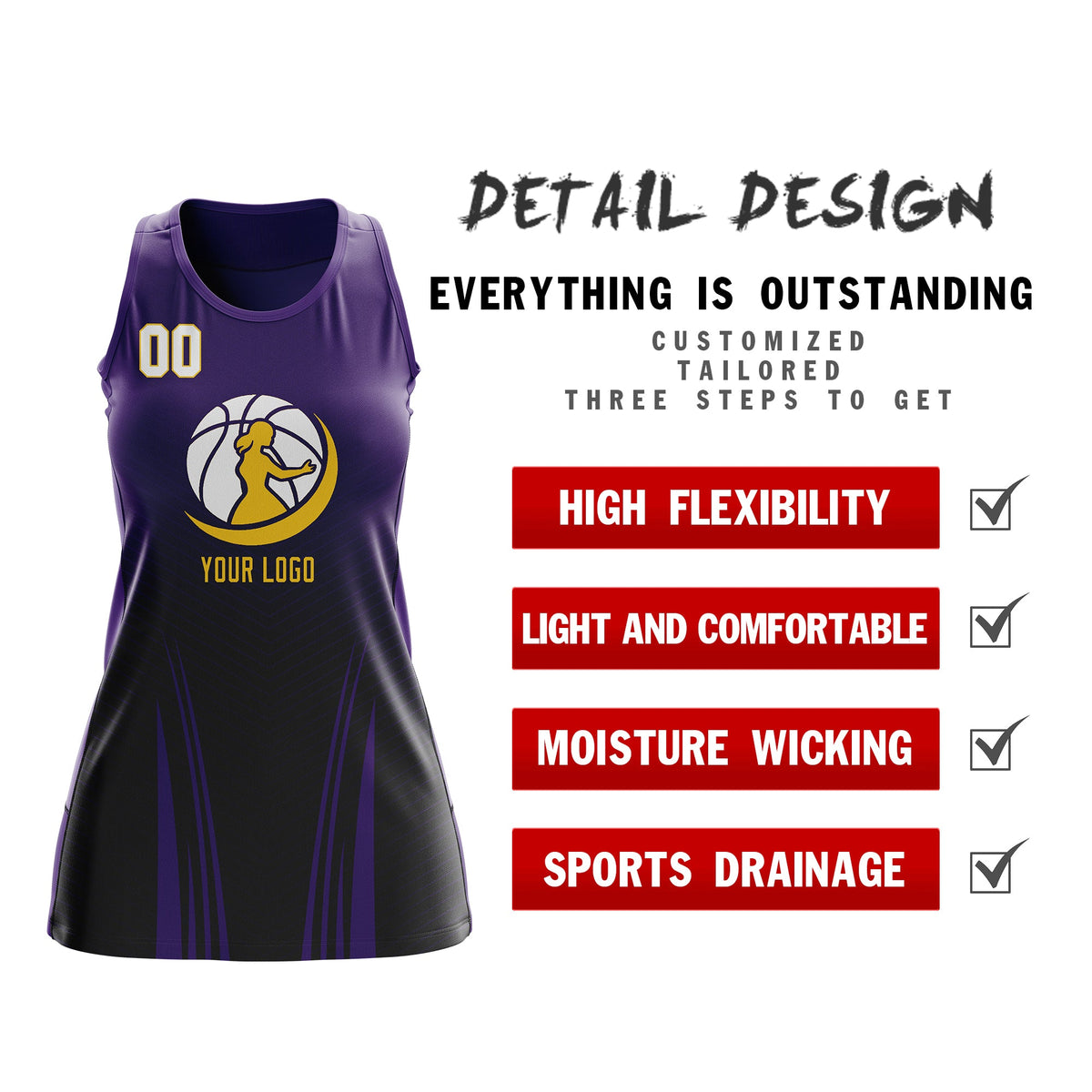 Custom Netball Dress | Purple Black for Women with V-Shaped Pinstripes Personalized Uniform