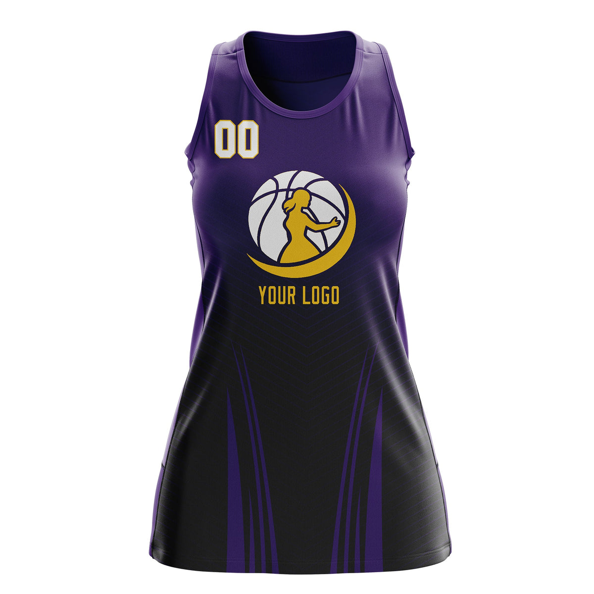 Custom Netball Dress | Purple Black for Women with V-Shaped Pinstripes Personalized Uniform