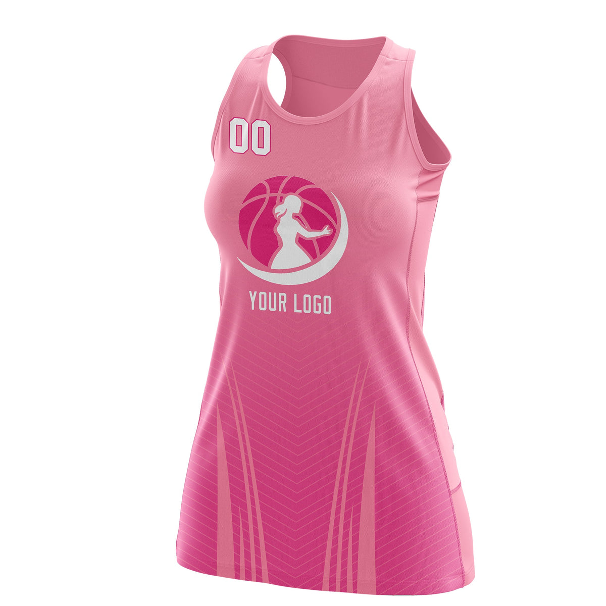 Custom Women Netball Dress | Light Pink Pink V-Shaped Pinstripes Gradient Team Uniform