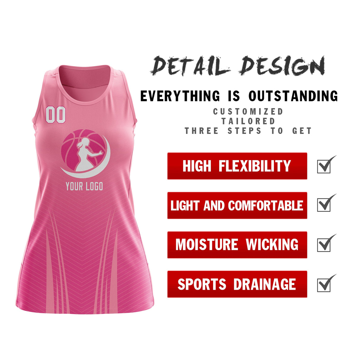 Custom Women Netball Dress | Light Pink Pink V-Shaped Pinstripes Gradient Team Uniform