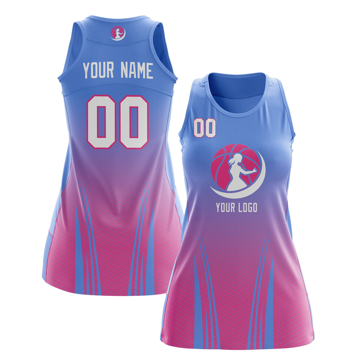 Custom Women Netball Dress | Light Blue Pink V-Shaped Pinstripes Gradient Uniform with Logo