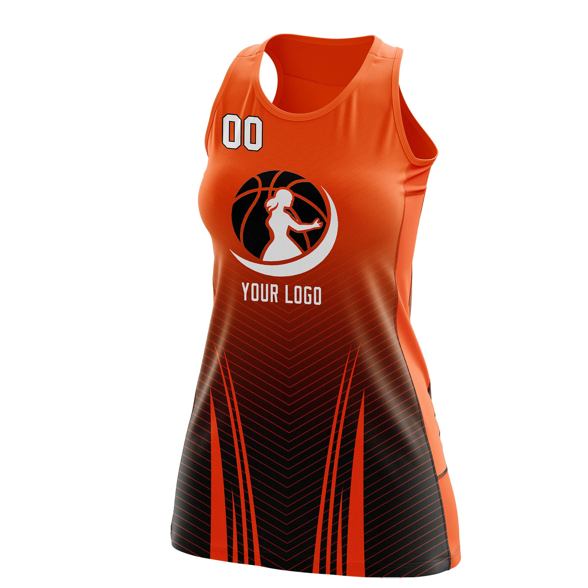 Custom Women Netball Dress | Orange Black V-Shaped Pinstripes Gradient Team Uniform