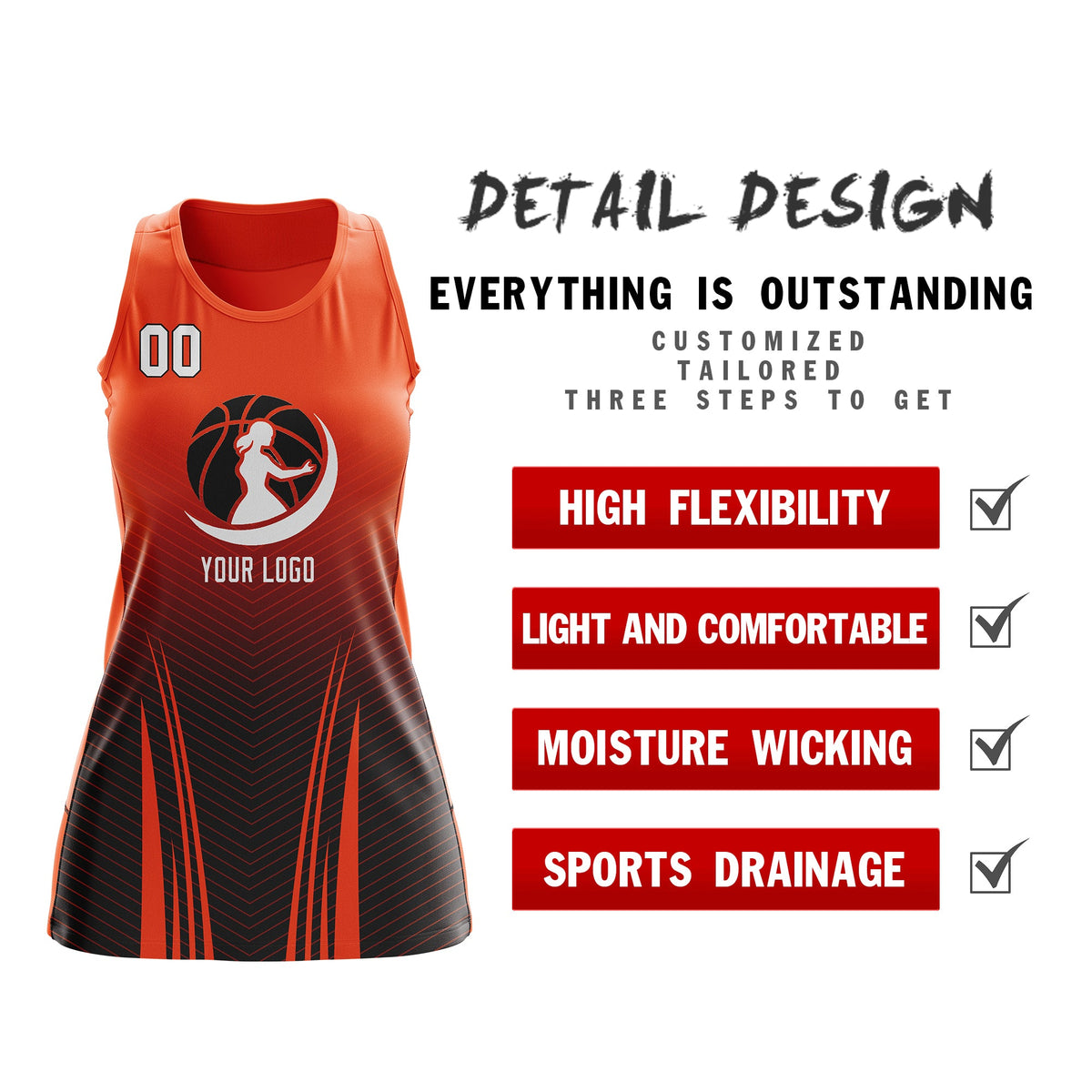 Custom Women Netball Dress | Orange Black V-Shaped Pinstripes Gradient Team Uniform