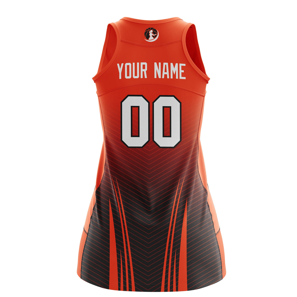 Custom Women Netball Dress | Orange Black V-Shaped Pinstripes Gradient Team Uniform
