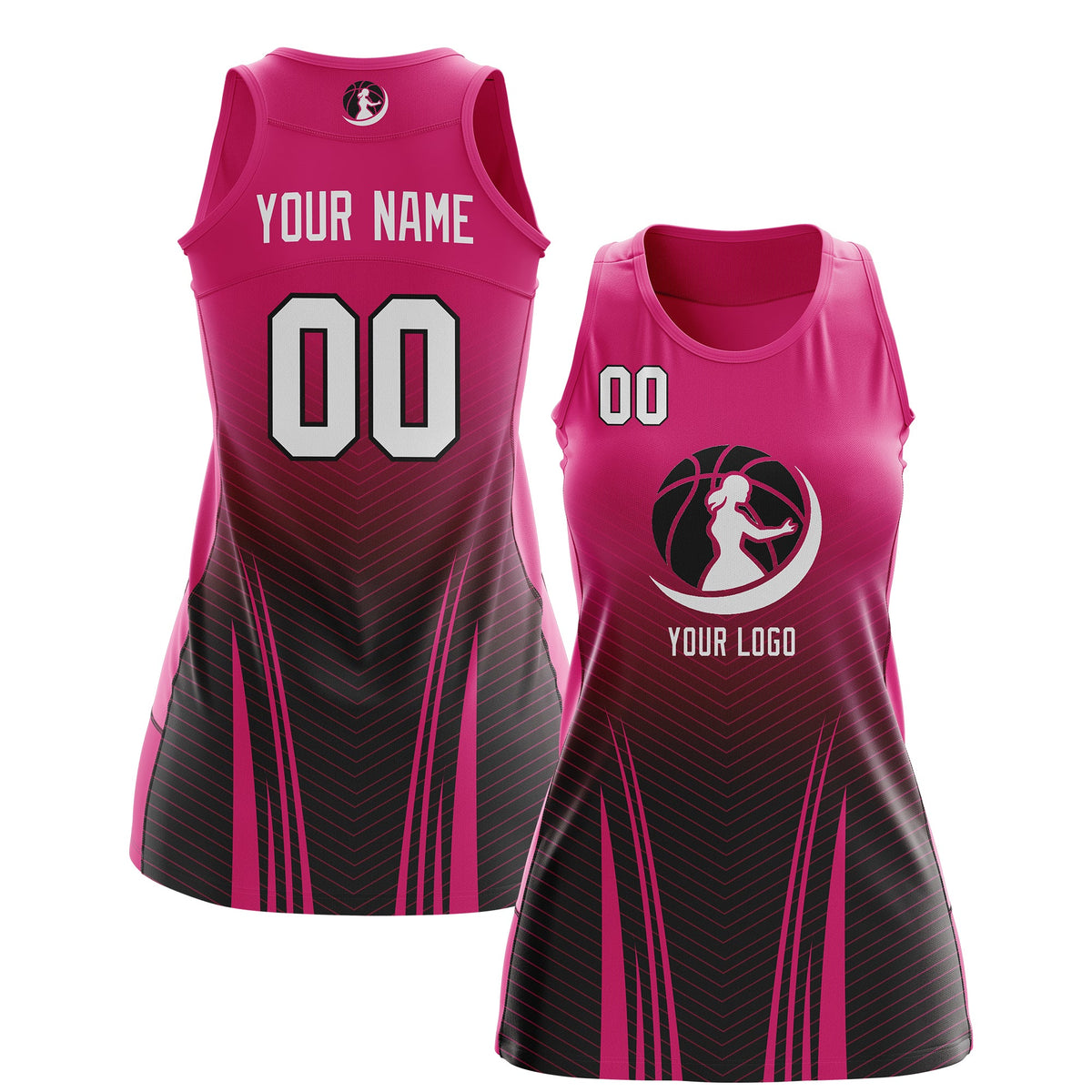 Custom Women Netball Dress | Rose Red Black V-Shaped Pinstripes Gradient Uniform with Logo