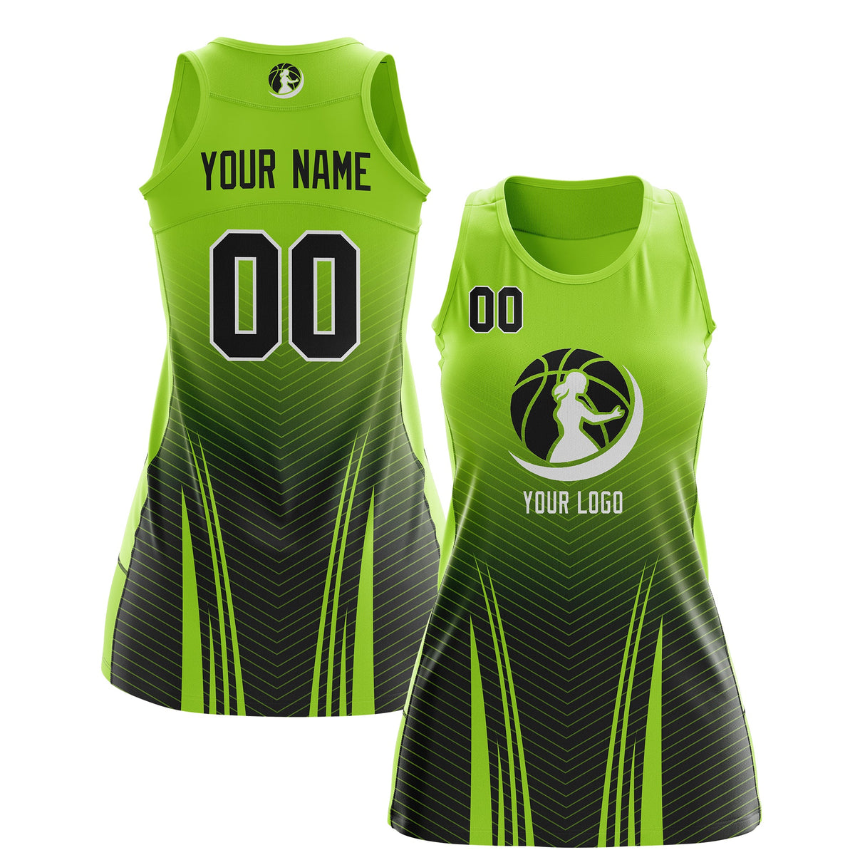Custom Netball Dress | Neon Green Black for Women with V-Shaped Pinstripes Personalized Uniform