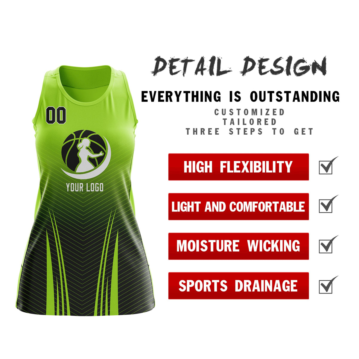 Custom Netball Dress | Neon Green Black for Women with V-Shaped Pinstripes Personalized Uniform