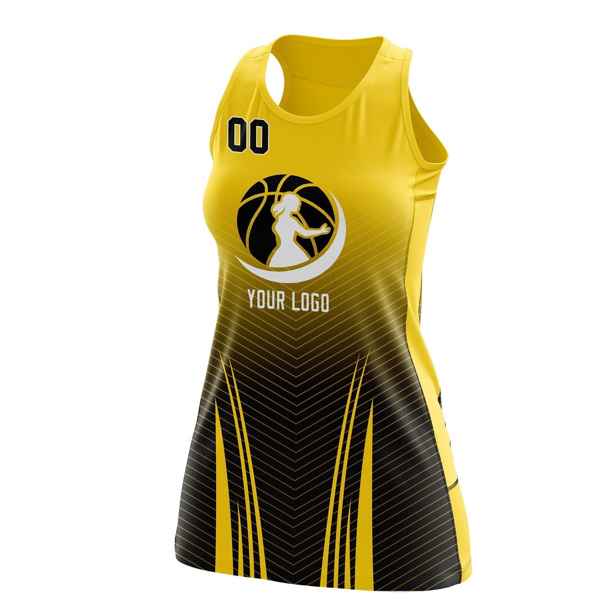 Custom Women Netball Dress | Gold Black V-Shaped Pinstripes Gradient Team Uniform