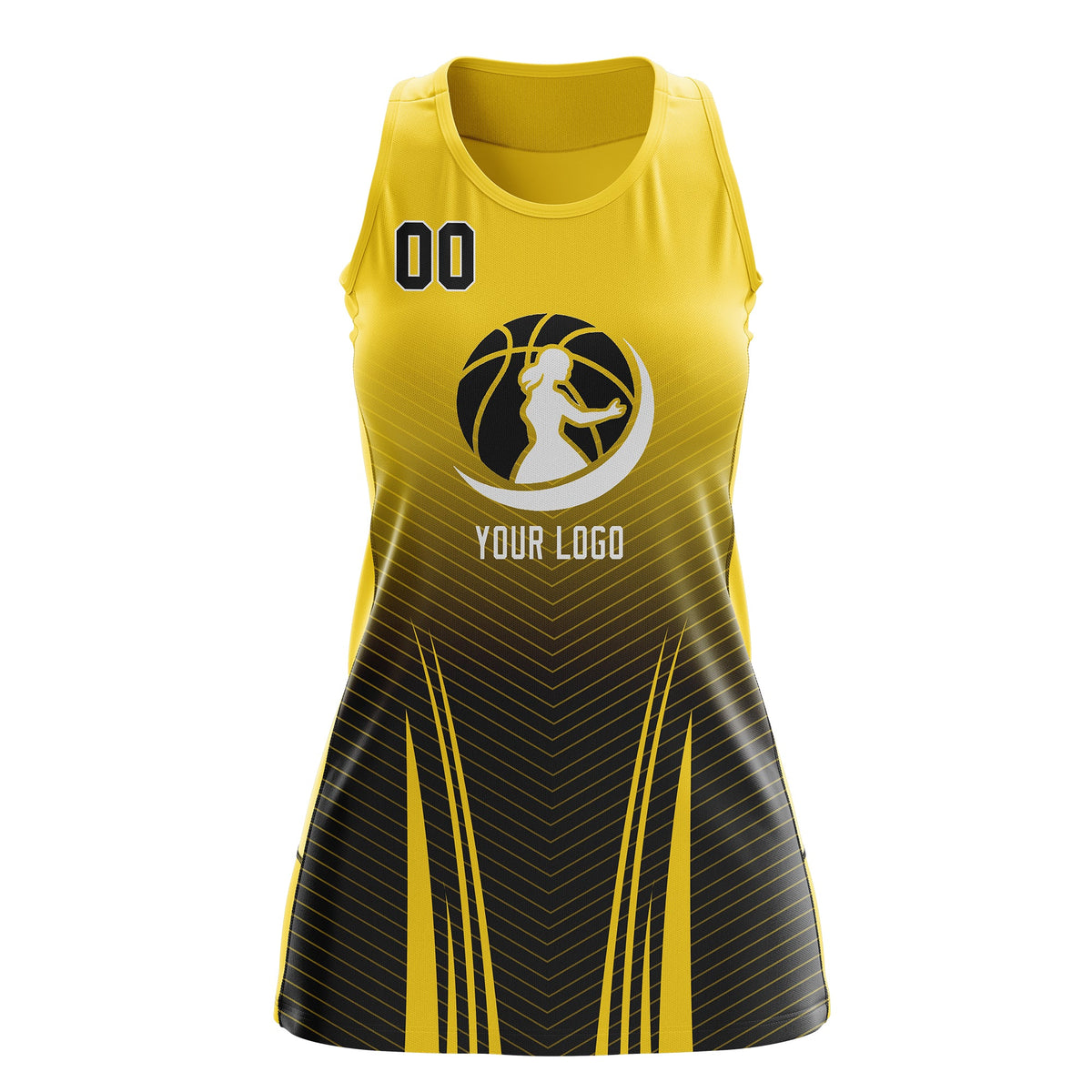 Custom Women Netball Dress | Gold Black V-Shaped Pinstripes Gradient Team Uniform