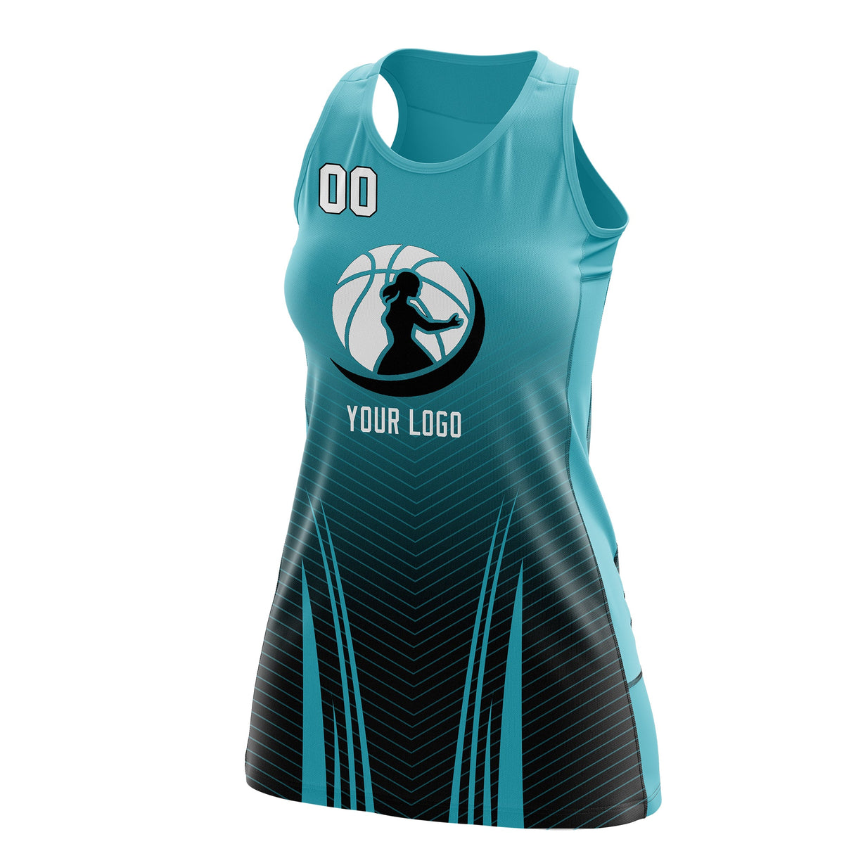 Custom Women Netball Dress | Aqua Black V-Shaped Pinstripes Gradient Uniform with Logo