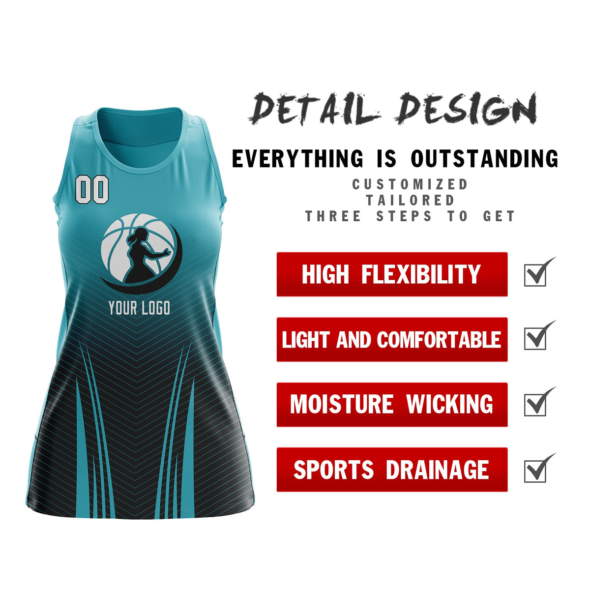 Custom Women Netball Dress | Aqua Black V-Shaped Pinstripes Gradient Uniform with Logo