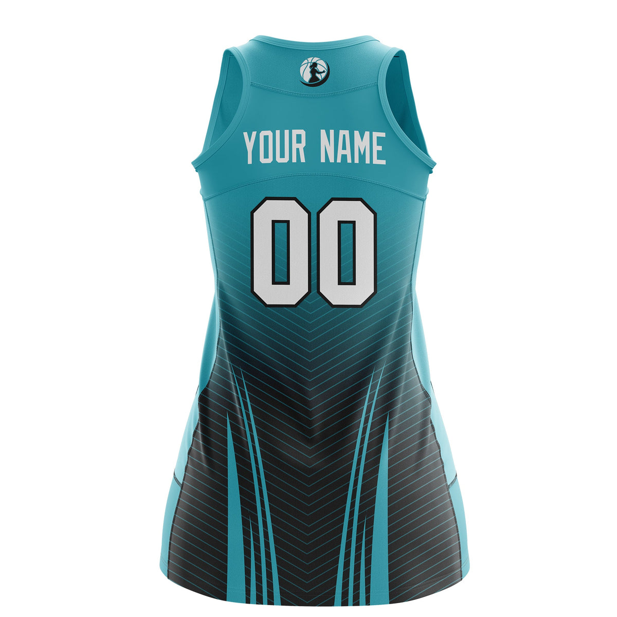 Custom Women Netball Dress | Aqua Black V-Shaped Pinstripes Gradient Uniform with Logo