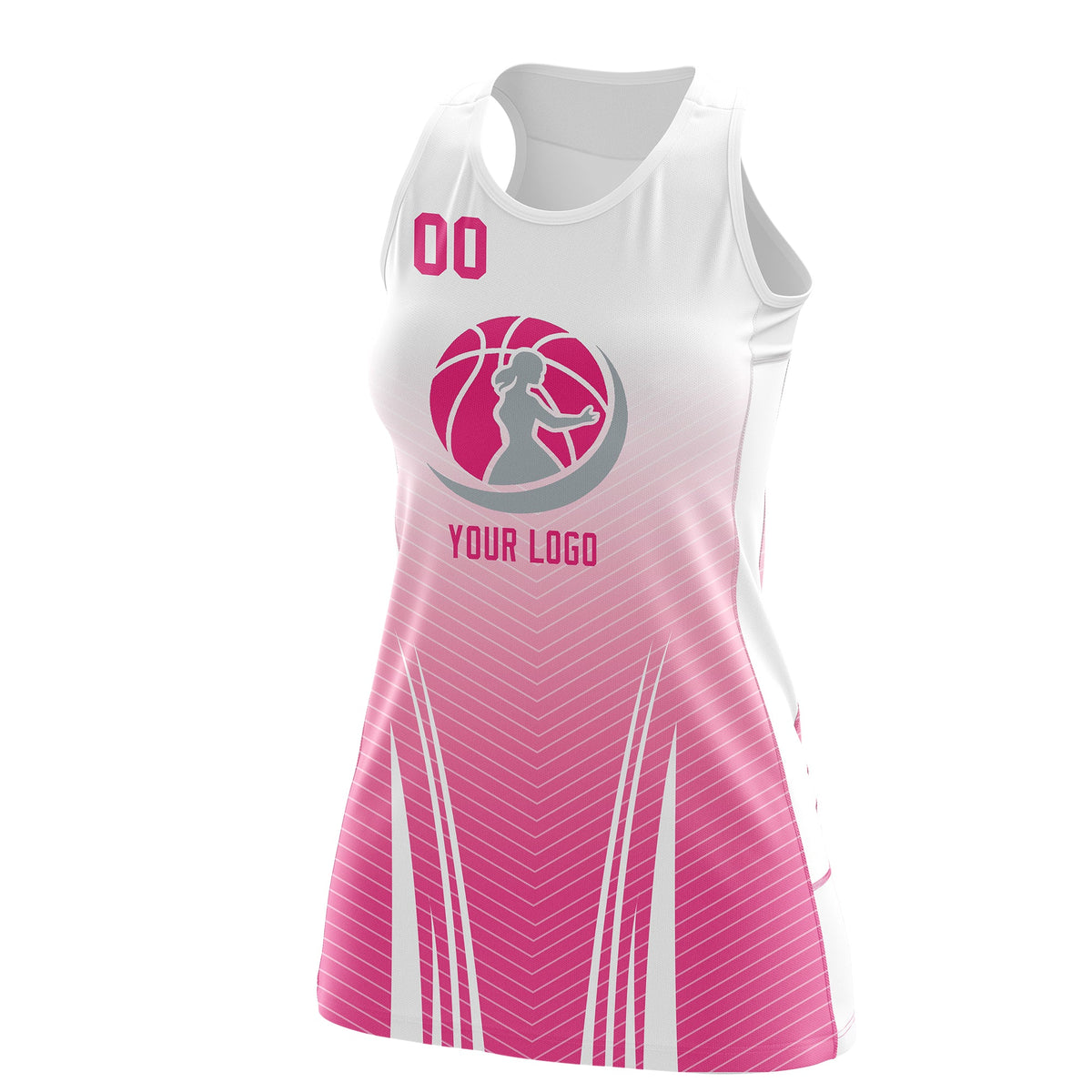 Custom Women Netball Dress | White Pink V-Shaped Pinstripes Gradient Uniform with Logo